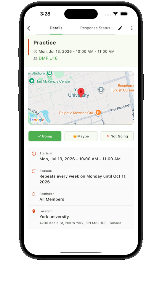 Teamnest Pro event details with RSVP controls