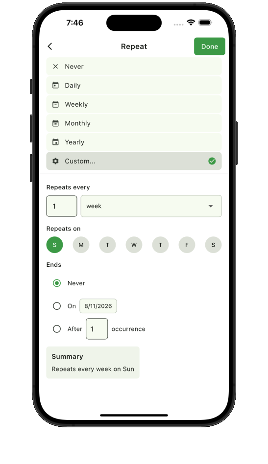Teamnest Pro repeat settings for recurring events