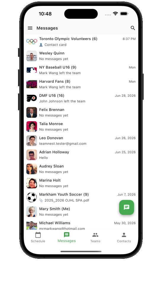 Teamnest Pro messages list with direct and team conversations