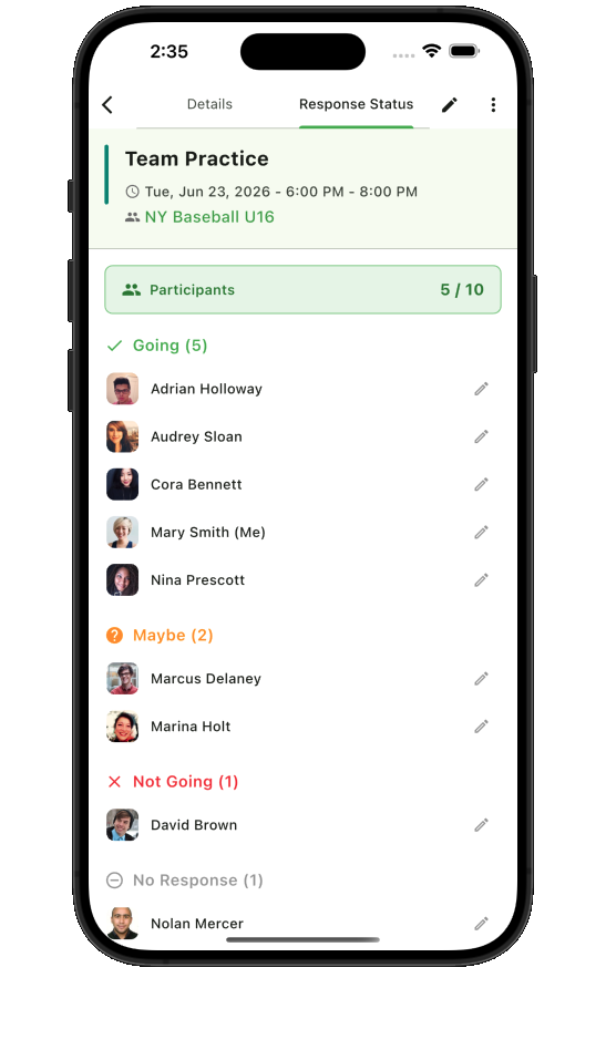 Sports team participant availability in Teamnest Pro