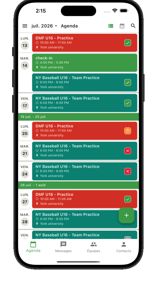 Teamnest Pro schedule list in French
