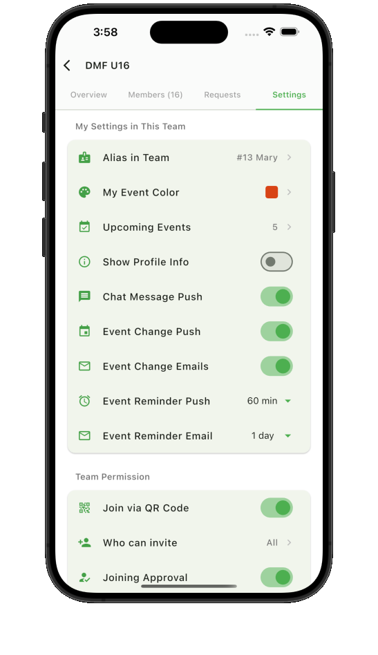Teamnest Pro team notification settings