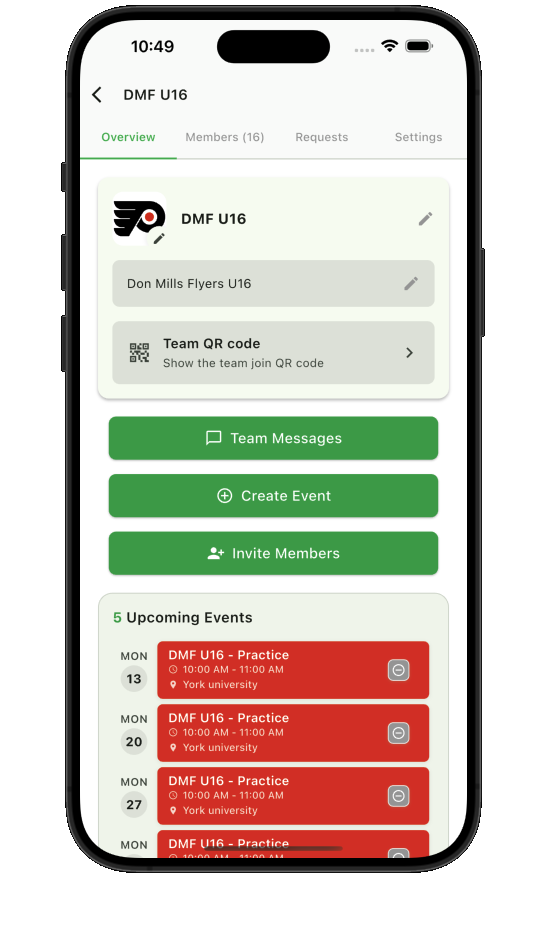 Teamnest Pro team overview with QR code and invite members controls