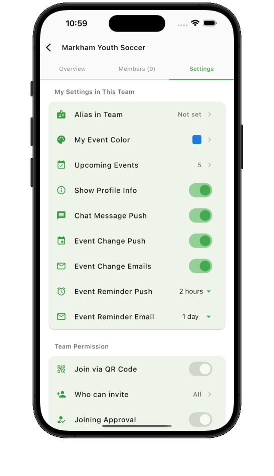 Teamnest team settings screen